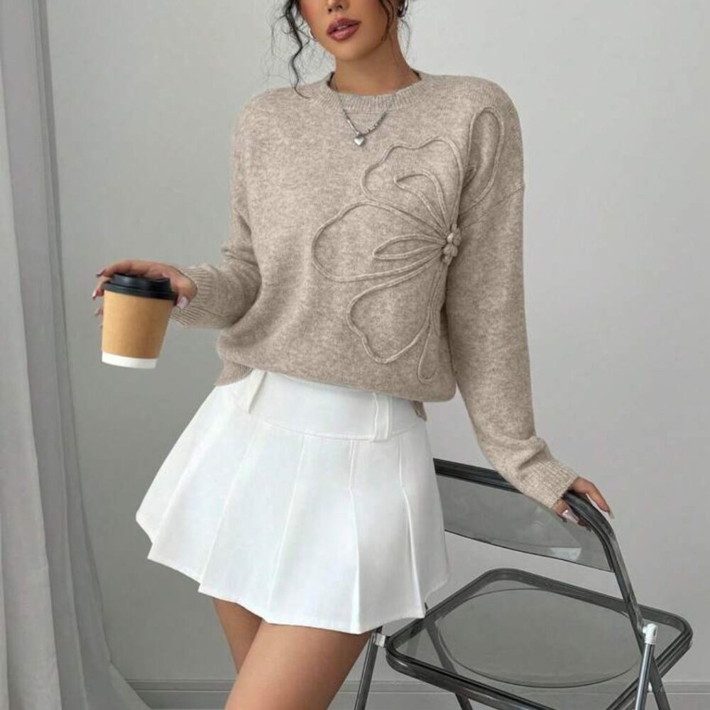 Crew Neck Floral Pattern Solid Color Pullover Swe… - image 7